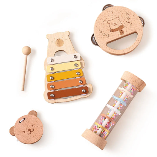 Montessori Wooden Percussion Musical Instruments Set with Xylophone for Toddlers, Preschool Educational Play Toys for Boys and Girls, 1 Finger Castanet Summeressentials