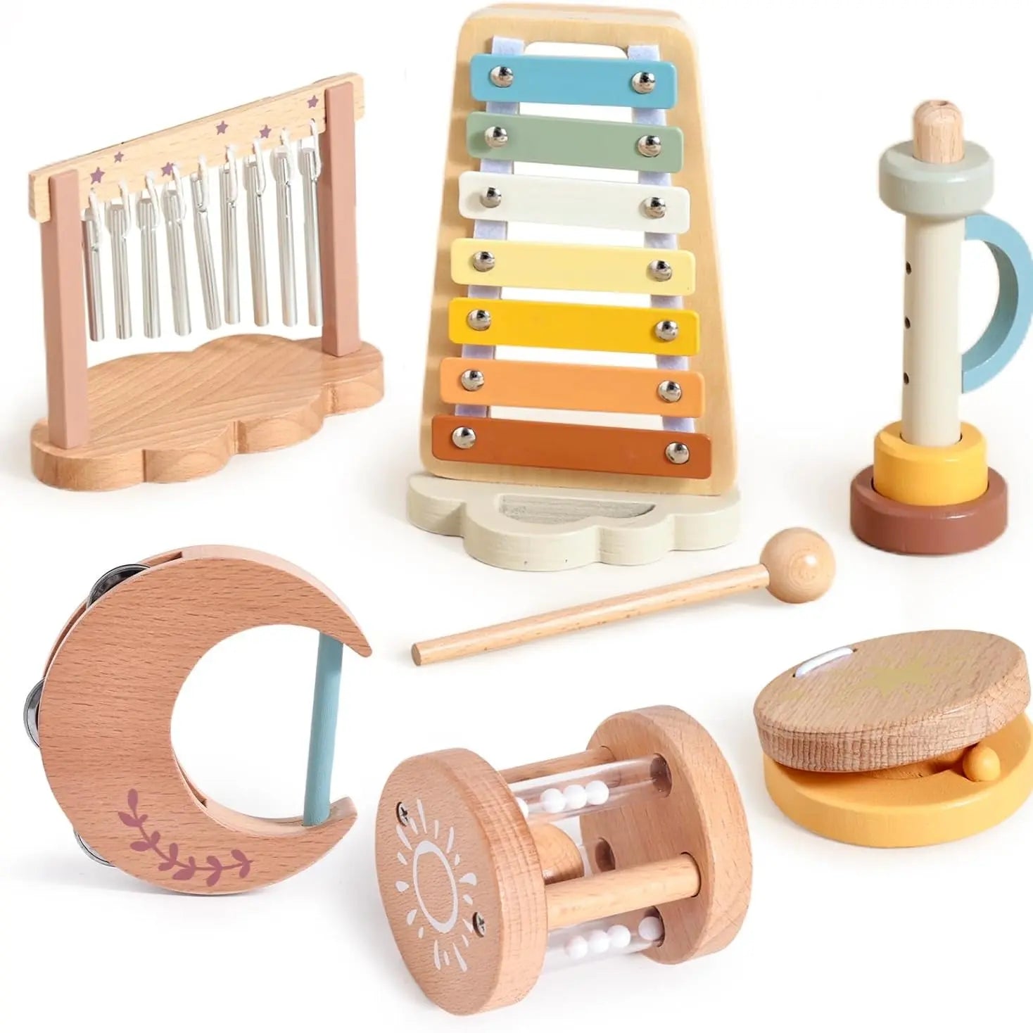 Montessori Wooden Percussion Musical Instruments Set with Xylophone for Toddlers, Preschool Educational Play Toys for Boys and Girls, 1 Finger Castanet Summeressentials