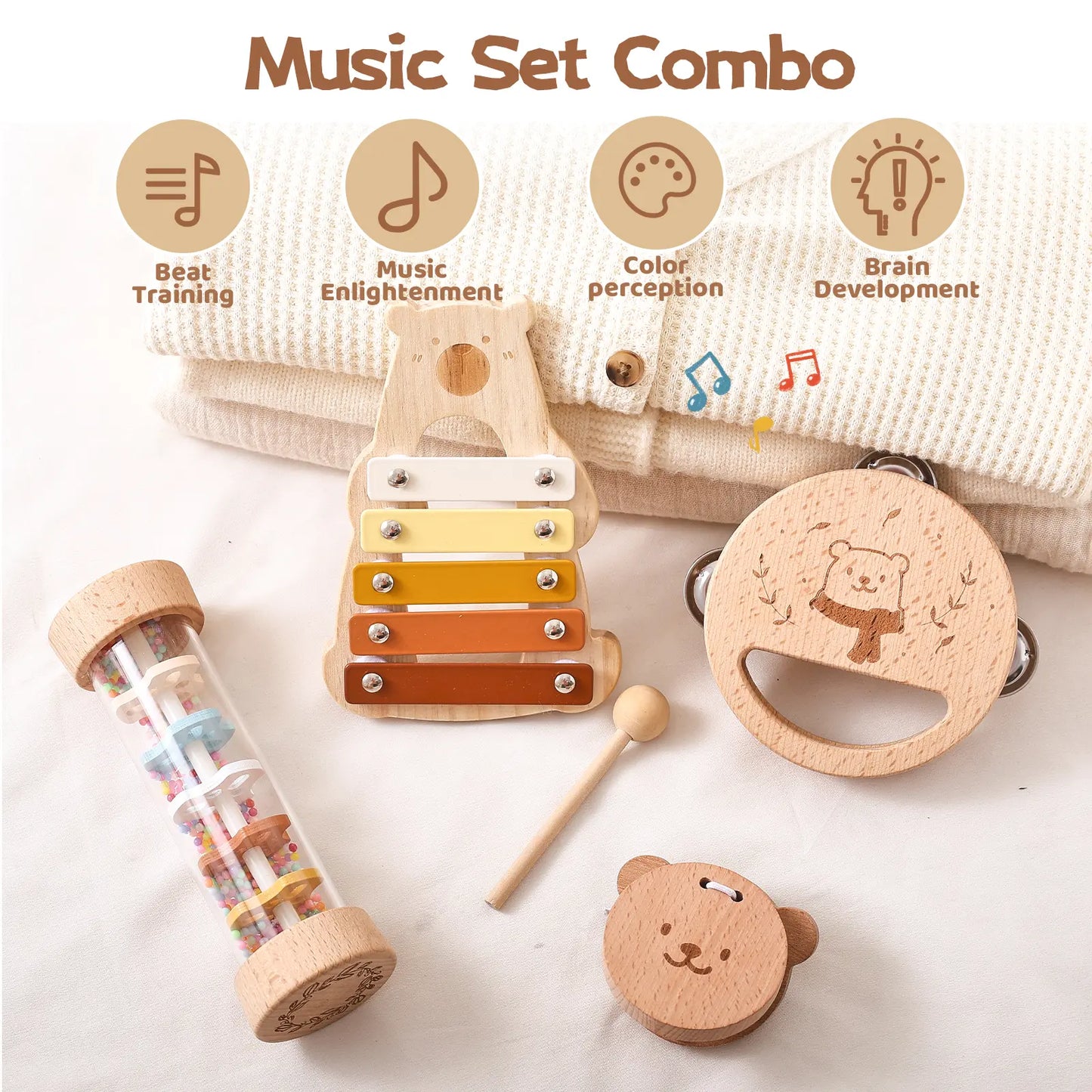 Montessori Wooden Percussion Musical Instruments Set with Xylophone for Toddlers, Preschool Educational Play Toys for Boys and Girls, 1 Finger Castanet Summeressentials