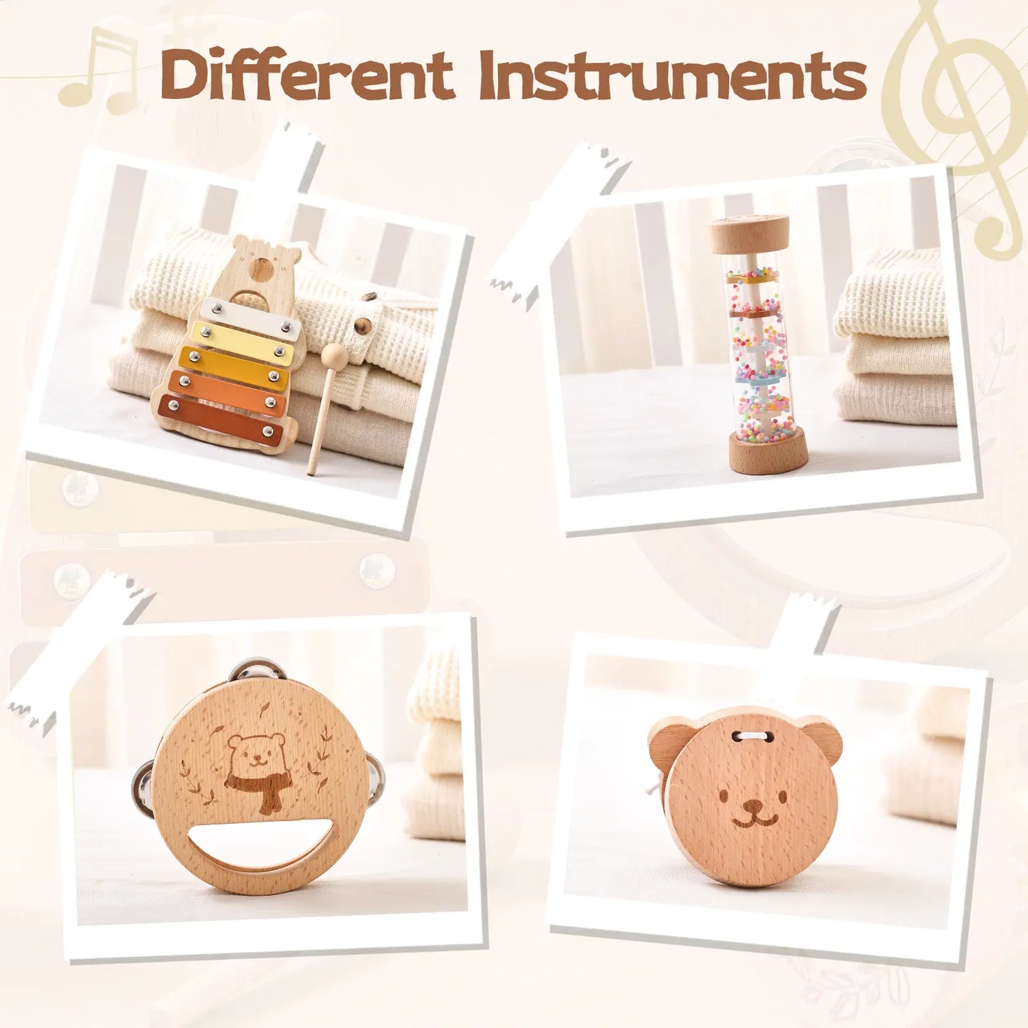 Montessori Wooden Percussion Musical Instruments Set with Xylophone for Toddlers, Preschool Educational Play Toys for Boys and Girls, 1 Finger Castanet Summeressentials
