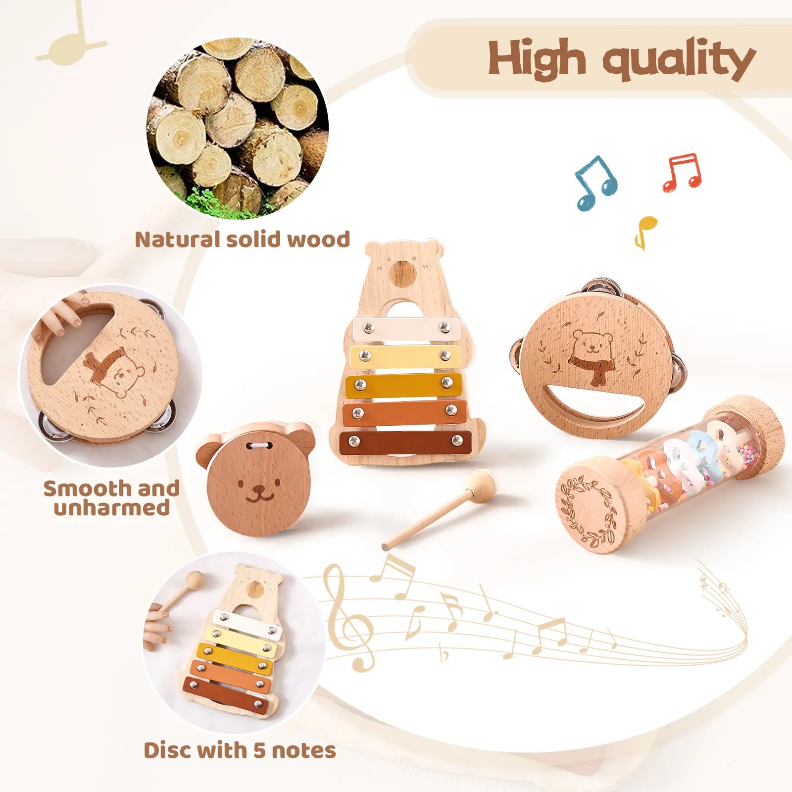 Montessori Wooden Percussion Musical Instruments Set with Xylophone for Toddlers, Preschool Educational Play Toys for Boys and Girls, 1 Finger Castanet Summeressentials